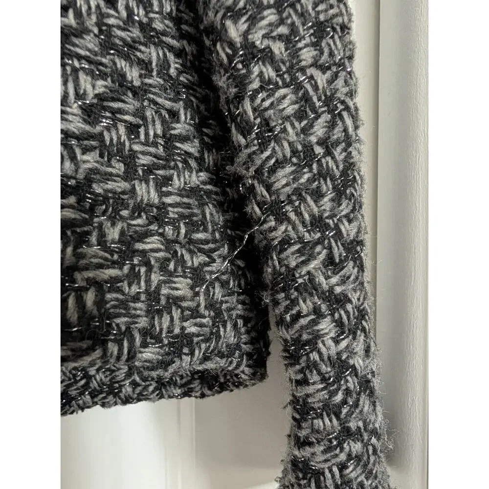 Elodie Womens Black Grey‎ Metallic Tweed Open Front Cropped Jacket Size L